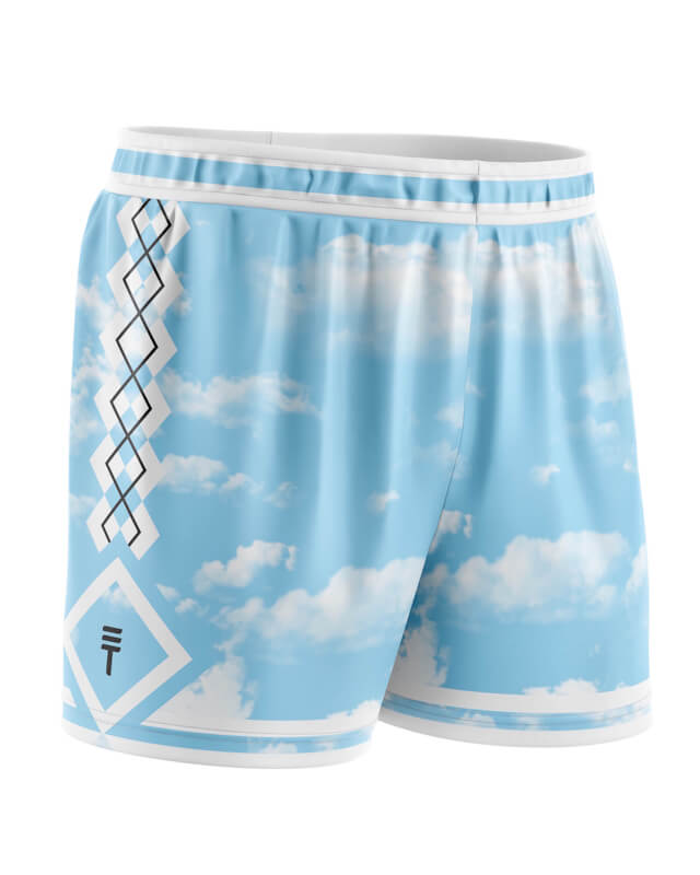 Blue basketball shorts with cloud pattern